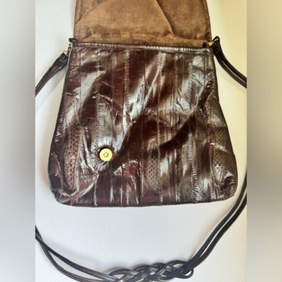 Vintage 80s Eel Skin Leather Snake Print Suede Shoulder Bag Brown Tote Button - Picture 10 of 16